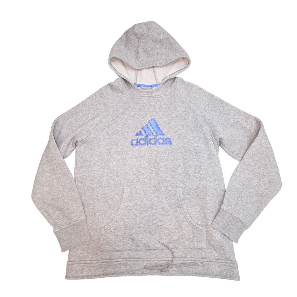 Adidas womens' Gray Hoodie Blue Embroidered Logo Pullover Sweatshirt L A2B001